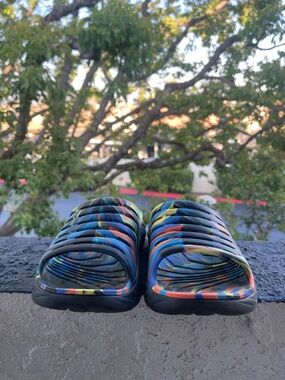 Hoka One One Multicolor Striped Slide Sandals (Blue, Orange, Yellow, Green)